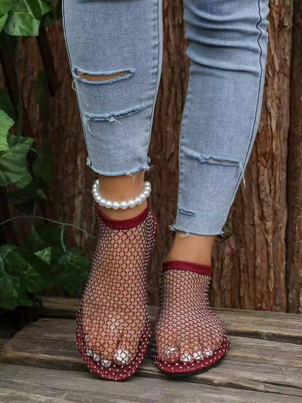 2026 Spring/Summer New Soft Round Toe Fishnet Socks Rhinestone Slip-On Casual Outdoor Breathable Large Size Hollow Sandals Flat Shoes